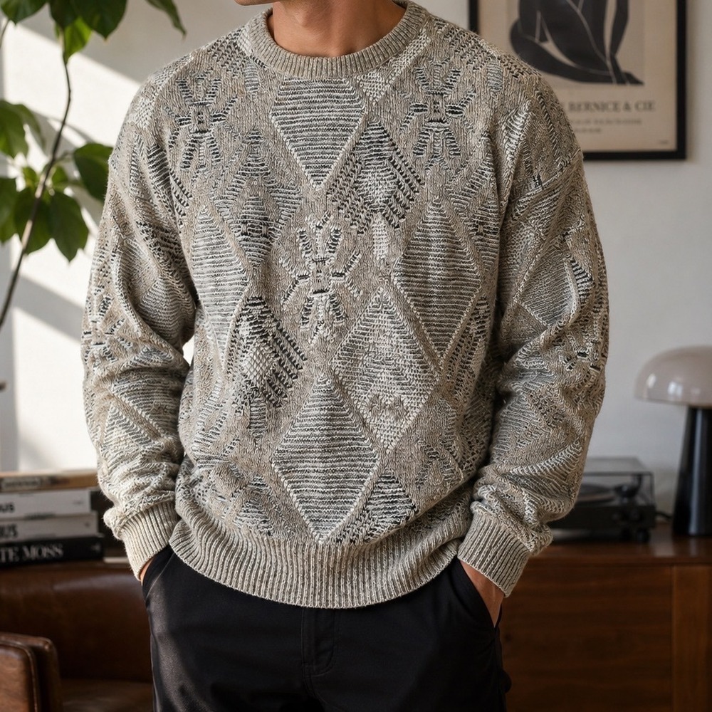 Vintage Reed St James Geometric Knit Sweater Mens Large Tan Beige 90s USA x1‎